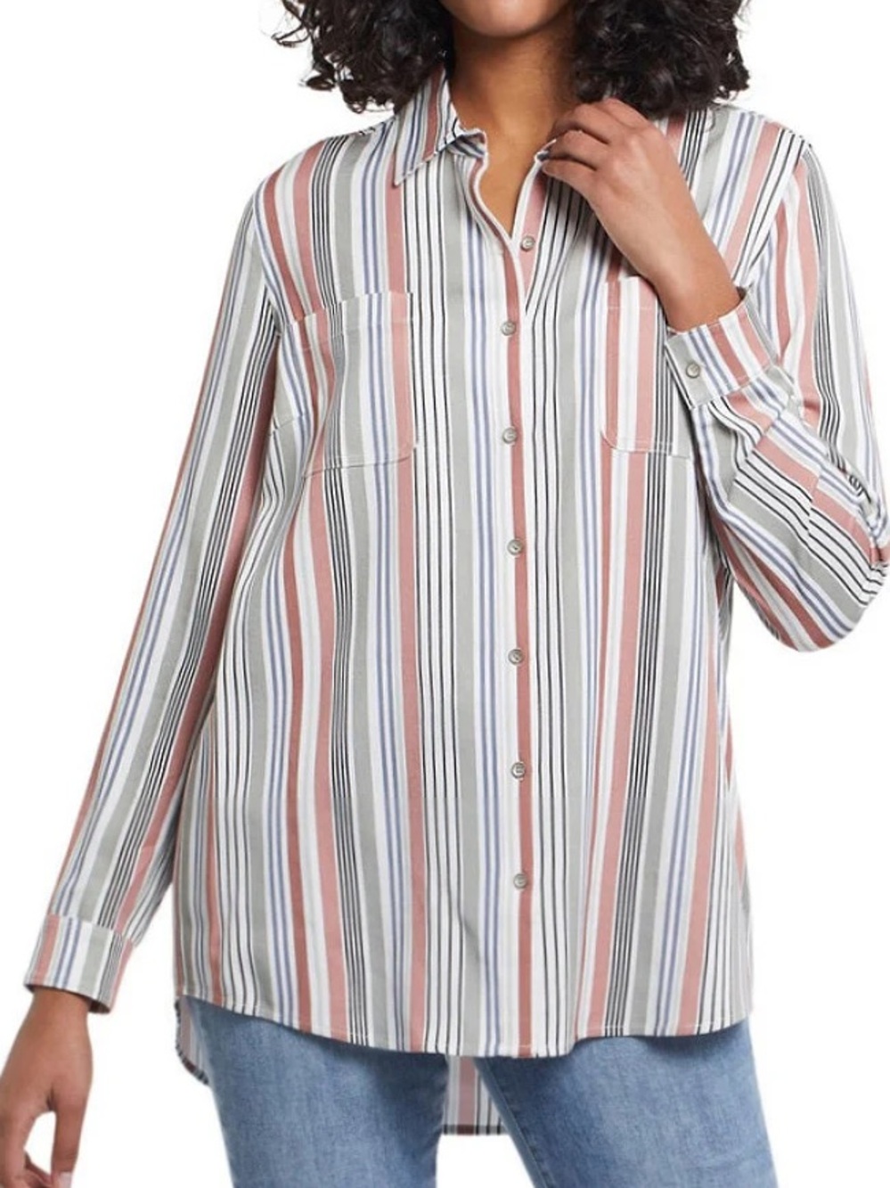 Tribal Striped Button-Down Shirt in Blush White & Blue Lyocell